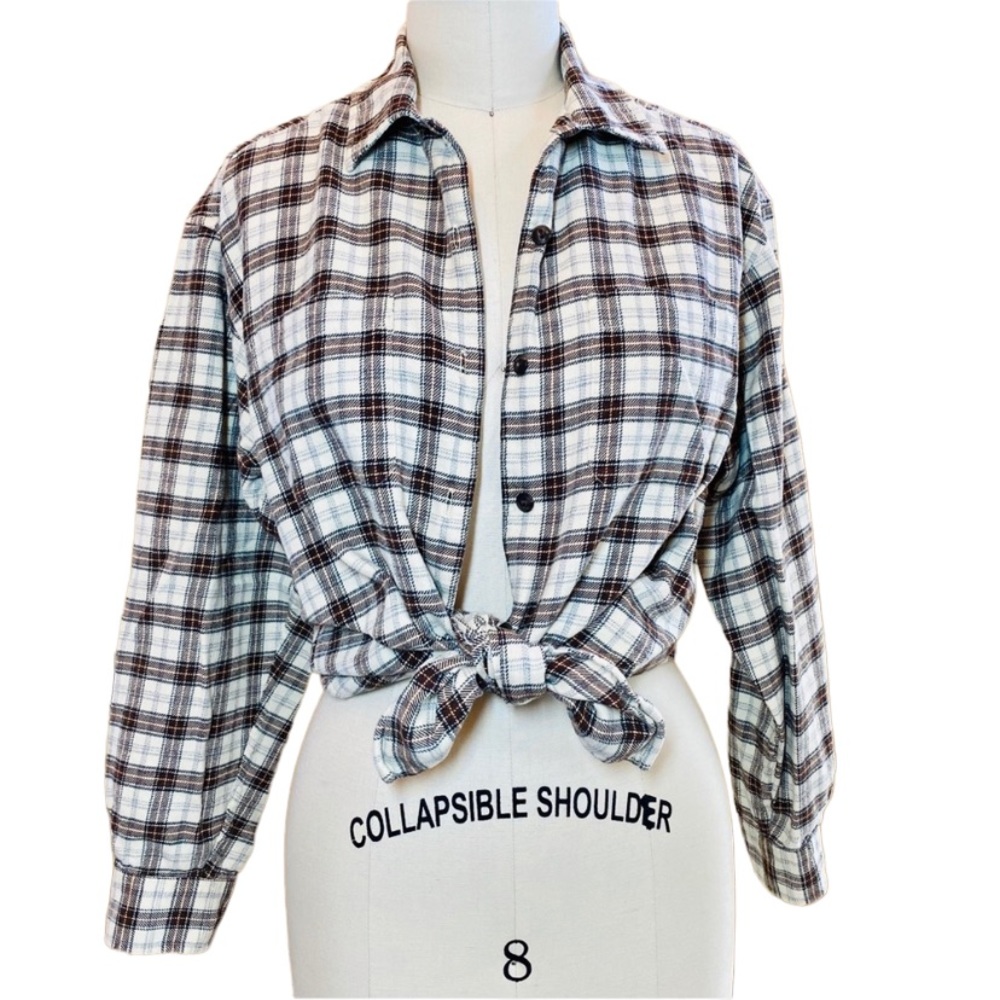 Vintage Plaid Button-Down Shirt in White and Brown
